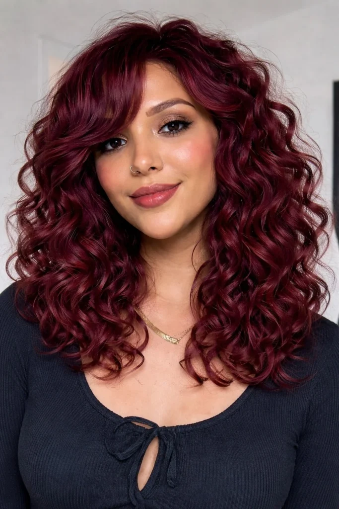 Shoulder length curly hairstyle with side bangs balanced soft curls