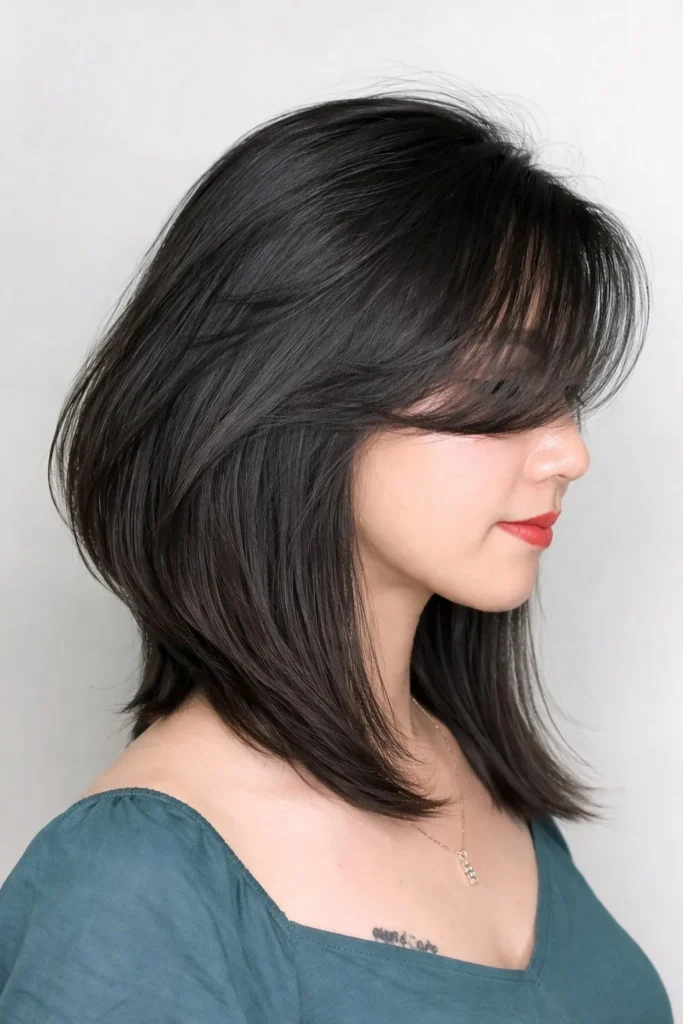 Side swept bangs inverted bob hairstyle soft flattering look