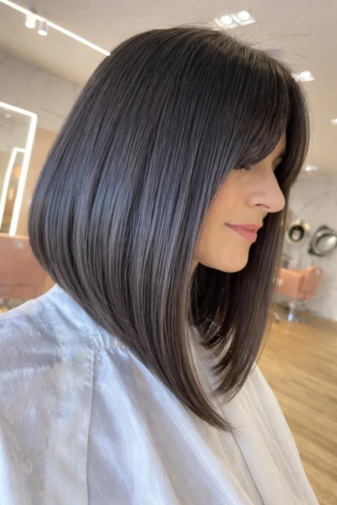 Sleek long inverted bob hairstyle with bangs smooth polished style