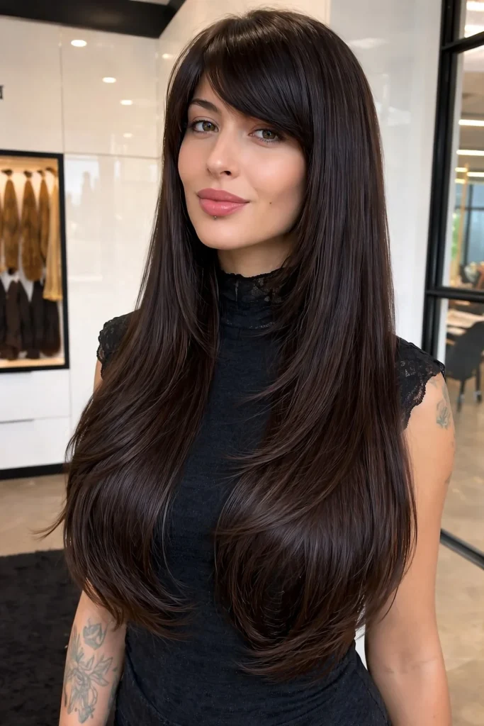 Sleek long layered hairstyle with side swept bangs smooth modern style