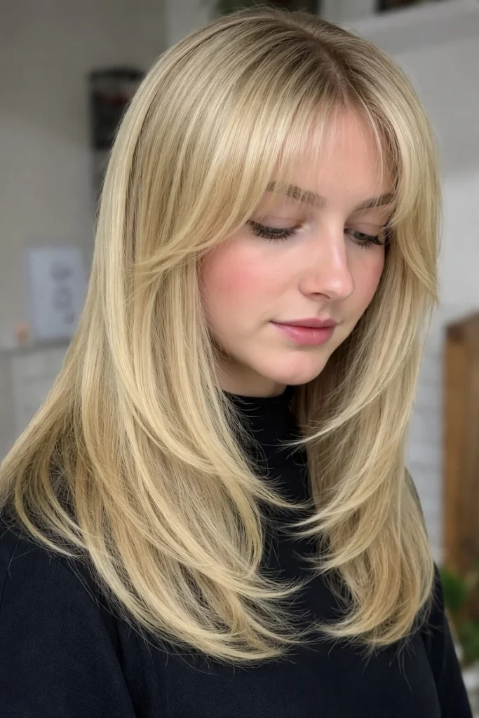 Soft blonde hair with curtain bangs fresh airy modern style