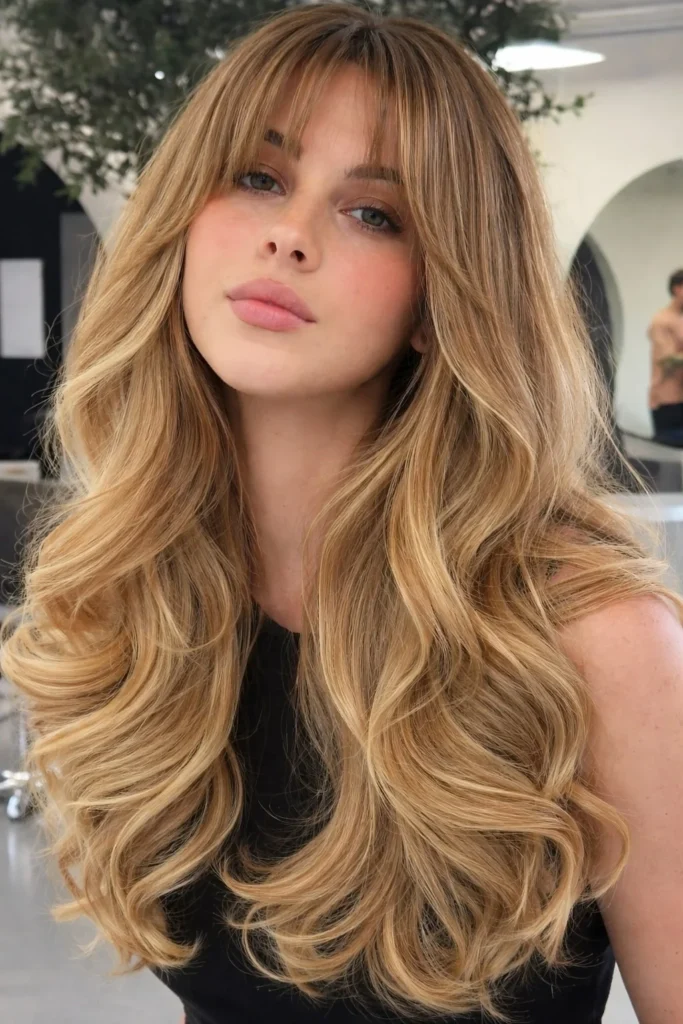 Soft curls hairstyle with curtain bangs glamorous layered finish