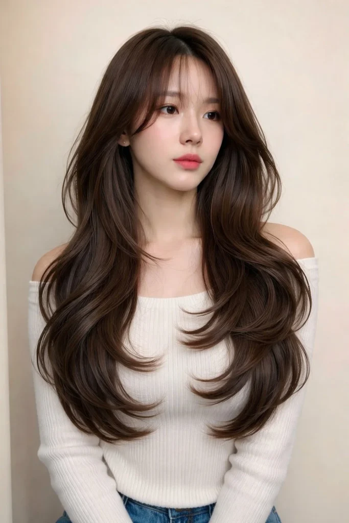 Soft curls hairstyle with side swept bangs glamorous layered finish