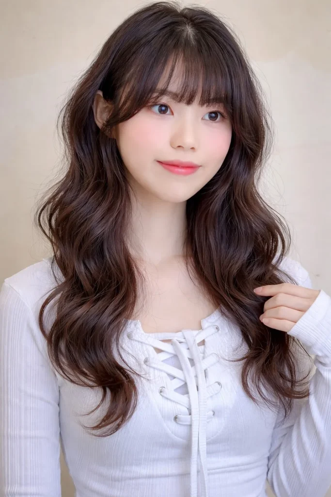 Soft curls with wispy curtain bangs feminine airy hairstyle