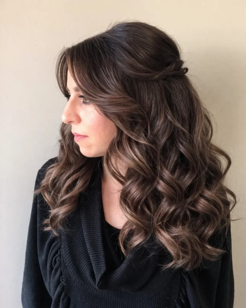 Soft curly hairstyle with side swept bangs romantic airy look