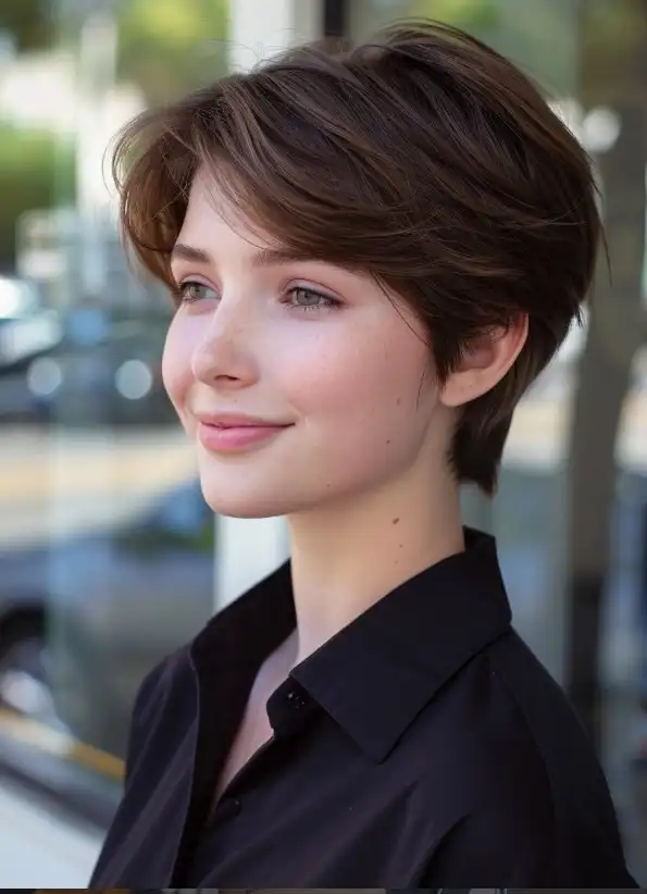 Soft layered pixie with side swept bangs light airy look