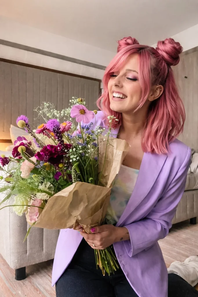 Space bun hairstyle with side bangs playful trendy style