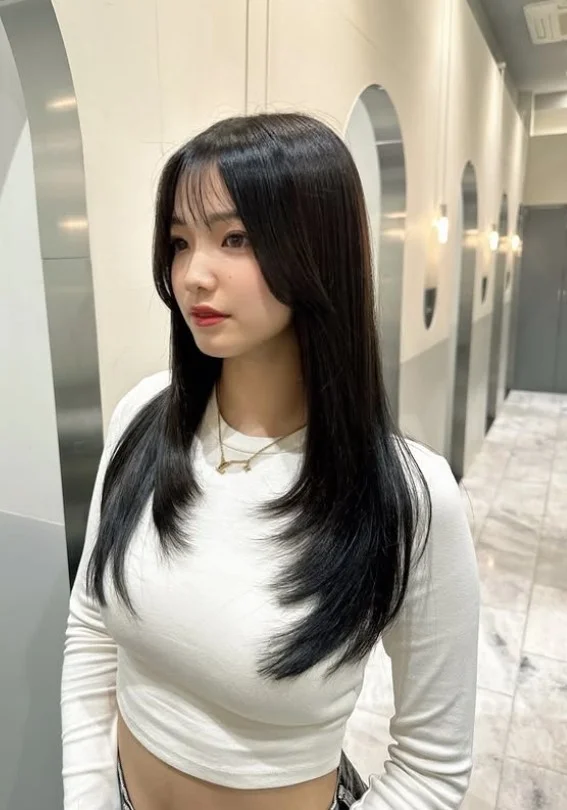 Straight hair with korean wispy curtain bangs sleek soft finish