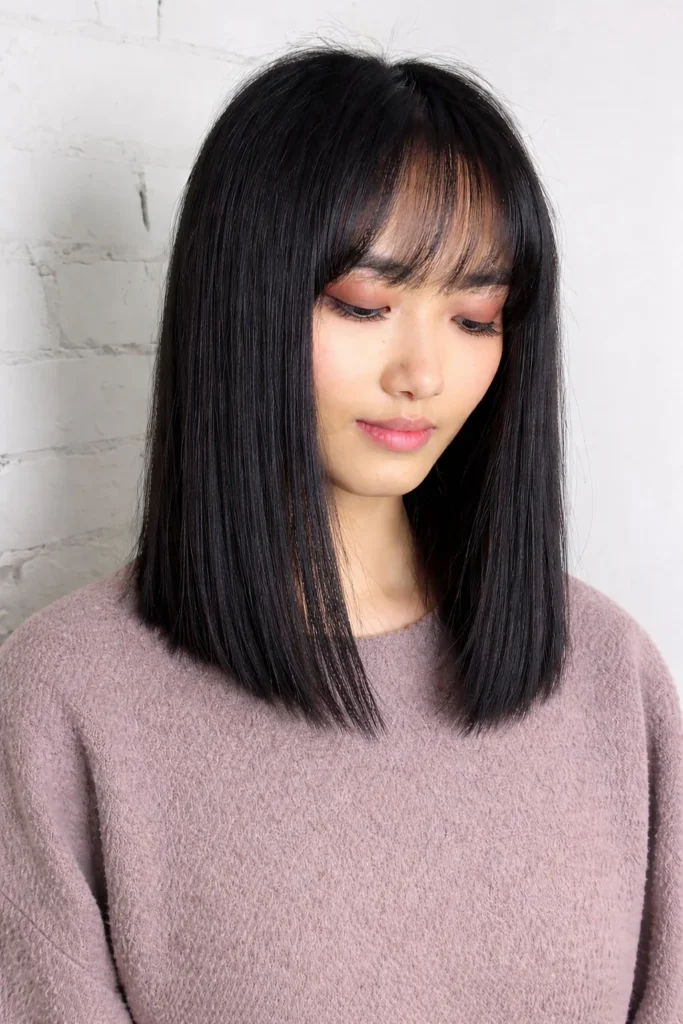 Straight lob with curtain bangs sleek flattering haircut