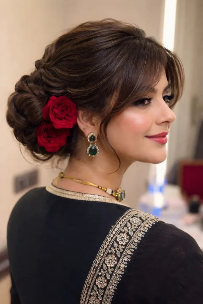 Textured bun hairstyle with side bangs modern voluminous style