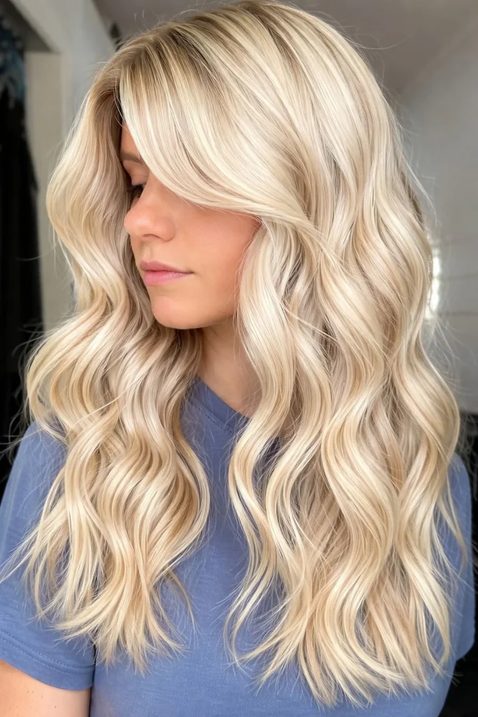 Thick blonde layered hairstyle with side fringe balanced shape