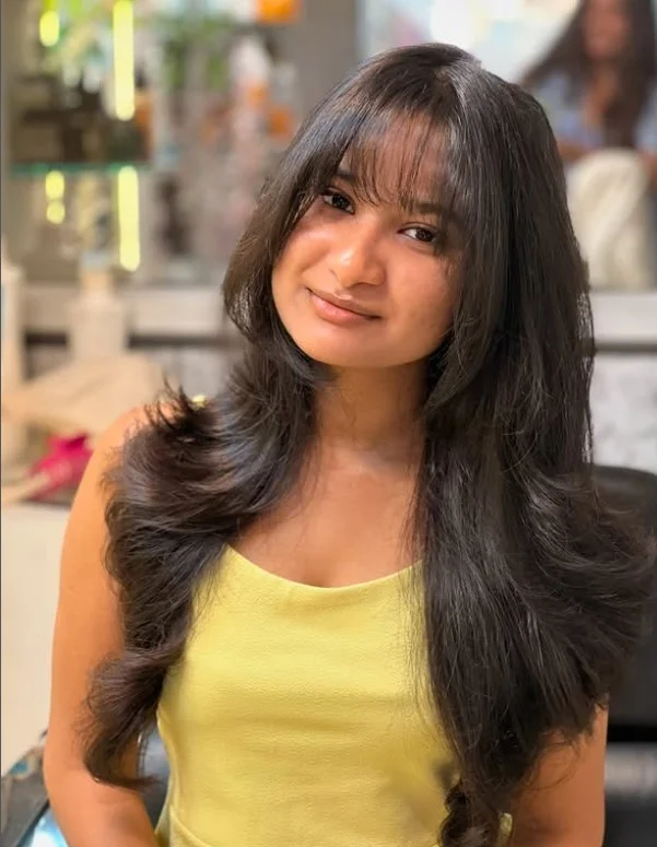 Thick hair with korean curtain bangs balanced soft front layers