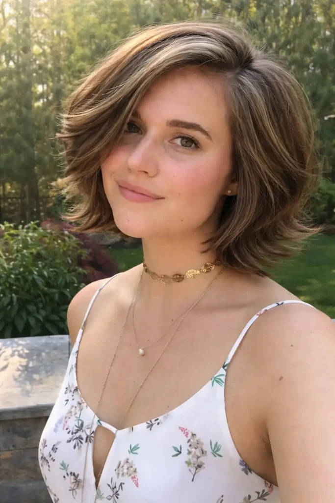 Thick hair short layered hairstyle with side fringe balanced look