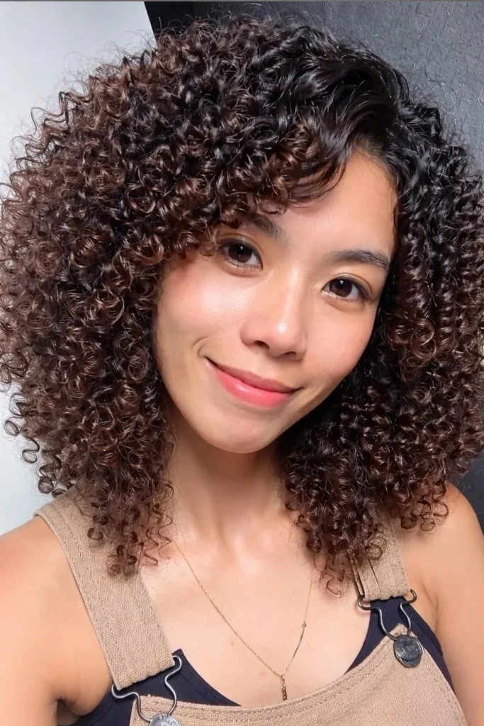 Tight curly hairstyle with side swept bangs defined curl structure