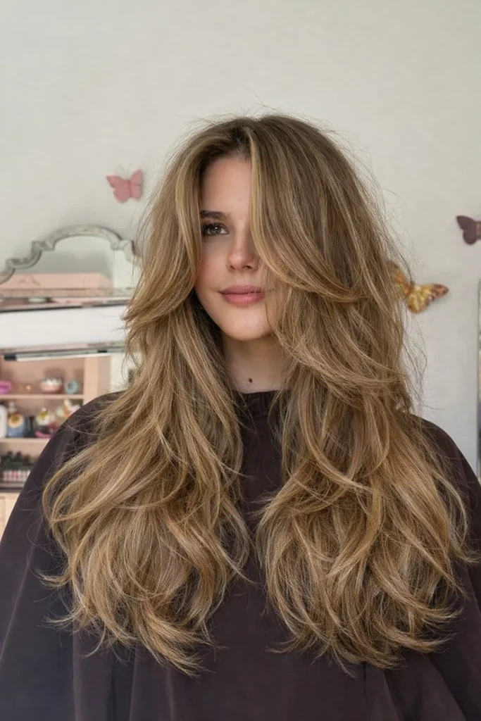 Tousled long layered hairstyle with curtain bangs casual stylish texture