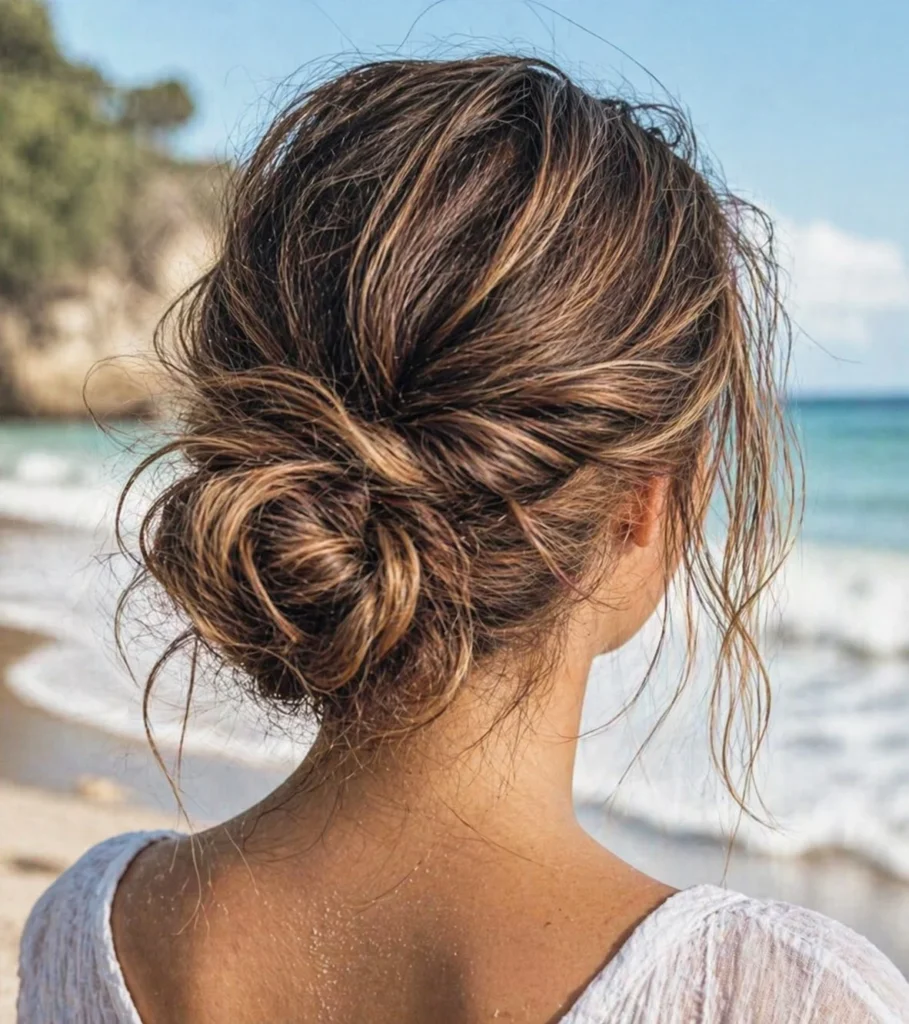 twisted low bun elegant beach hairstyle for long hair