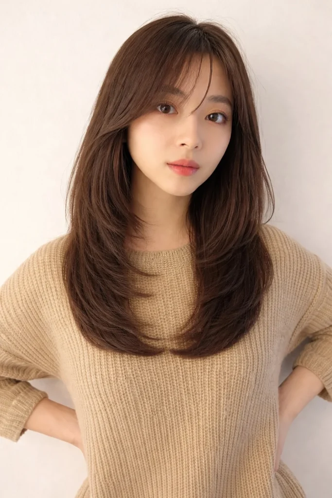 U cut long layered hairstyle with side bangs flowing balanced shape