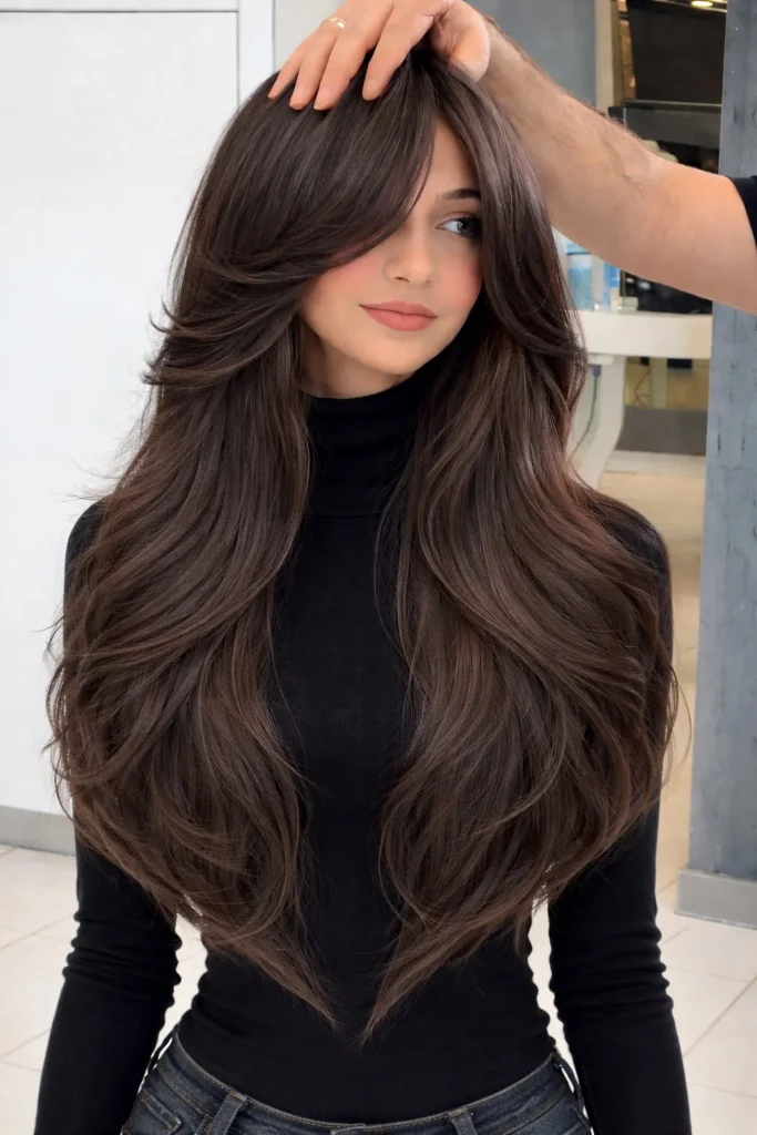 V cut long layered hairstyle with curtain bangs dramatic movement look