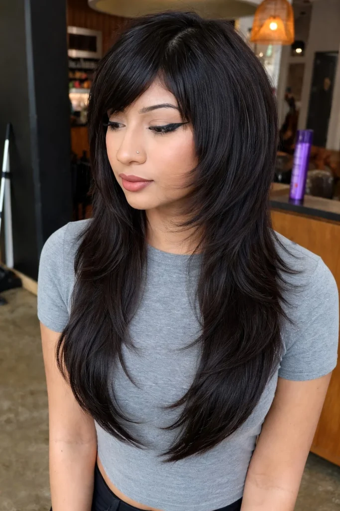 V cut long layered hairstyle with side swept bangs dramatic movement