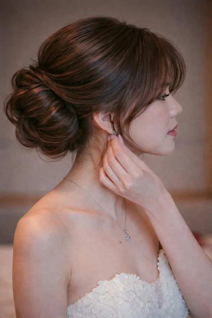 Voluminous bun hairstyle with side bangs full glamorous look