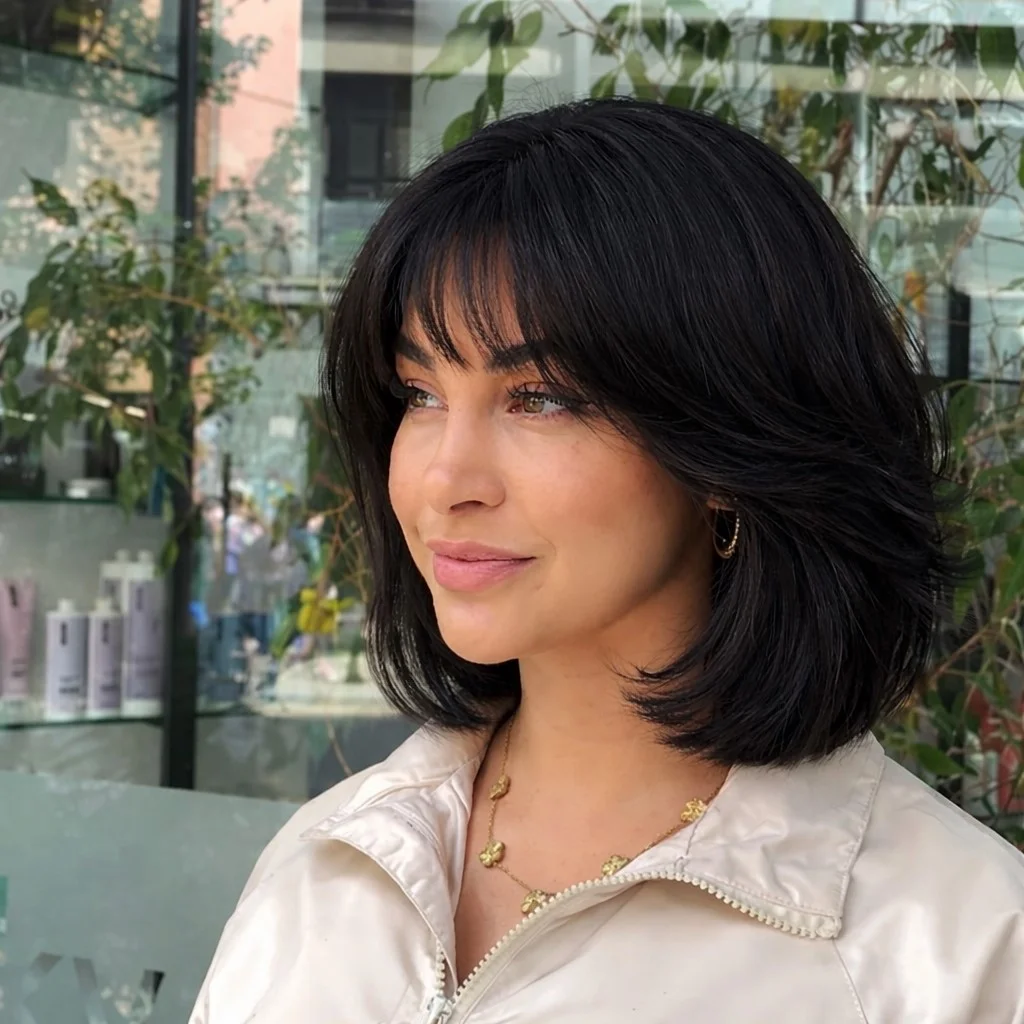 Voluminous inverted bob hairstyle with bangs bouncy full look