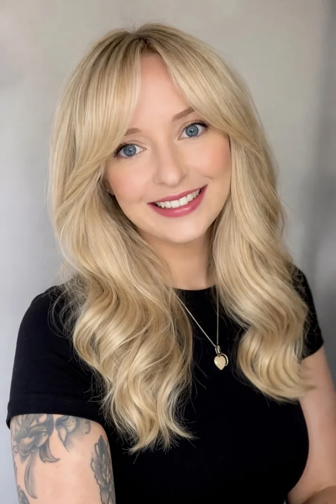 Wavy blonde hairstyle with side bangs soft natural volume