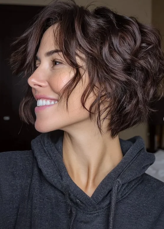 Wavy layered bob hairstyle with side bangs soft volume style