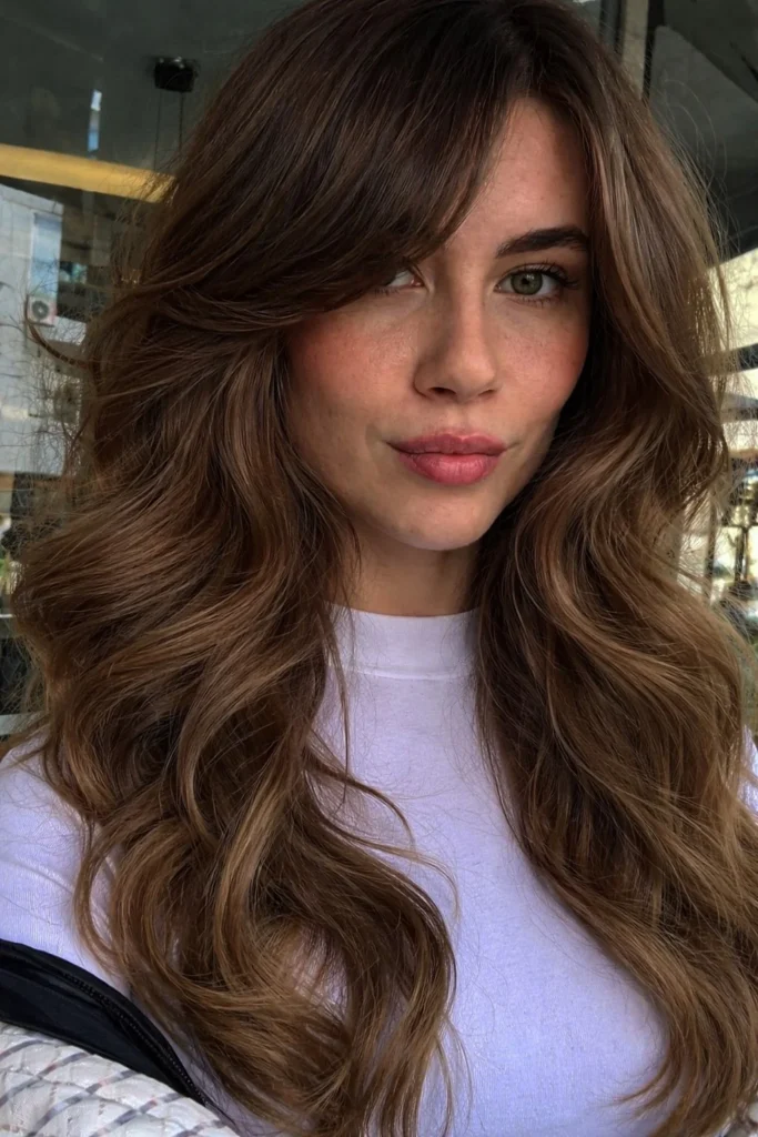 Wavy long layered hairstyle with side swept bangs romantic texture
