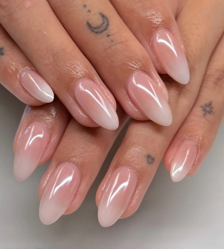 glossy french ombre almond nails design shiny elegant nail look