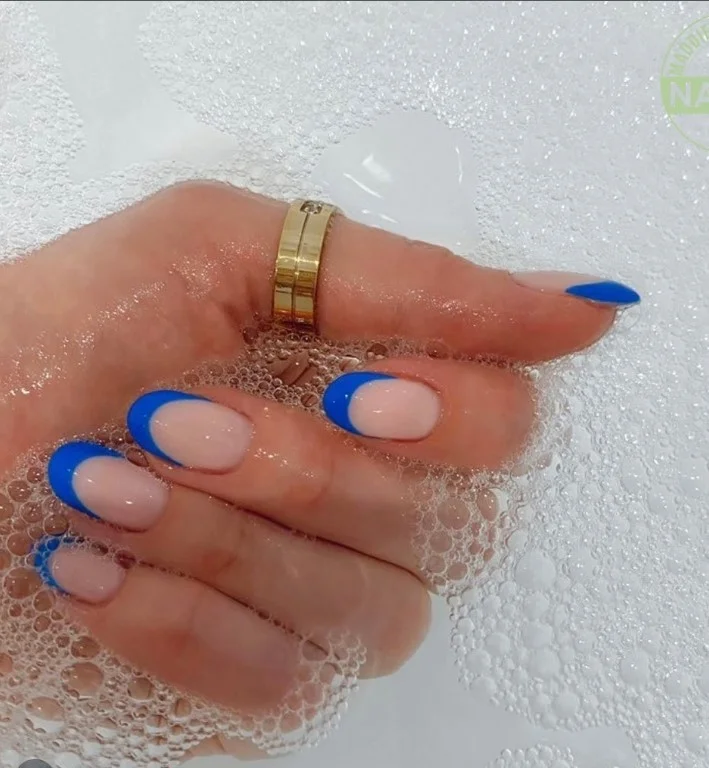 almond royal blue french tip nails elegant look