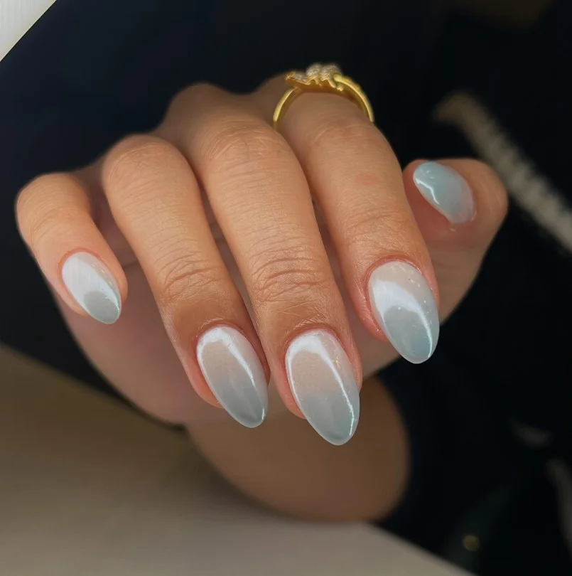 baby blue and nude ombre almond nails soft cool look