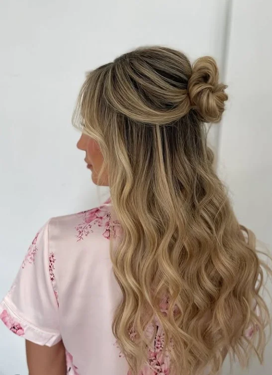 half up beach bridal hairstyle with soft wedding waves