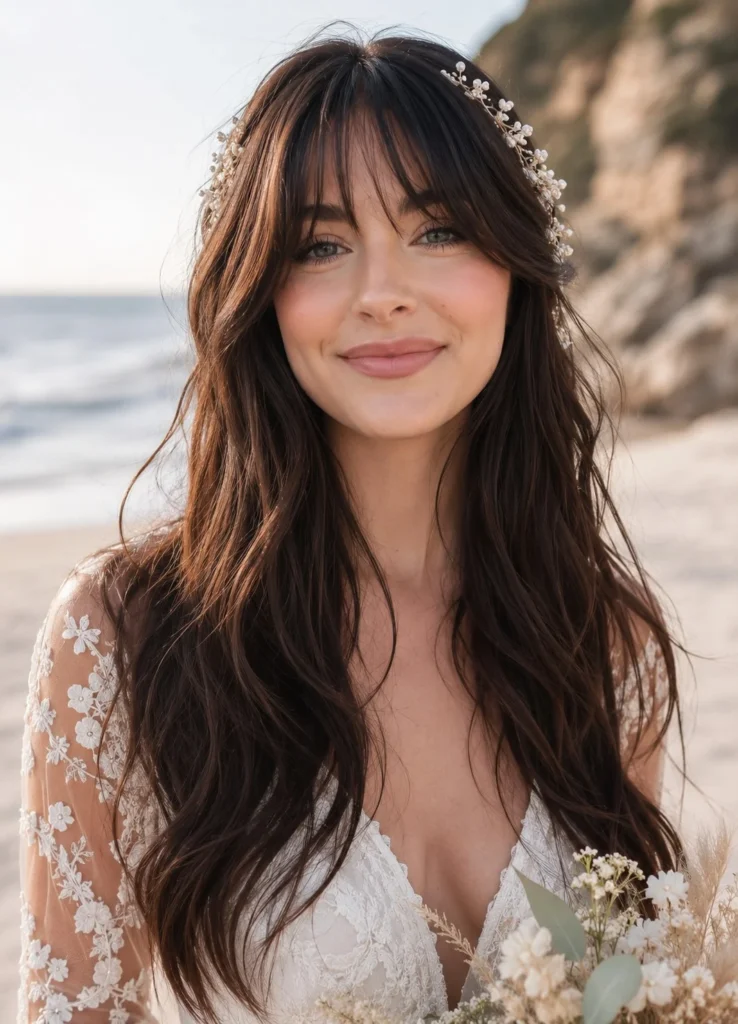 soft beach bridal bangs hairstyle with romantic curls