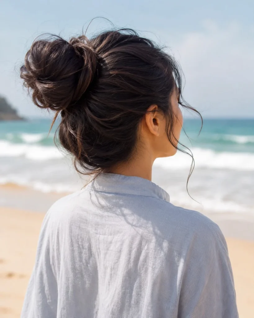 long hair beach bun hairstyle with loose texture