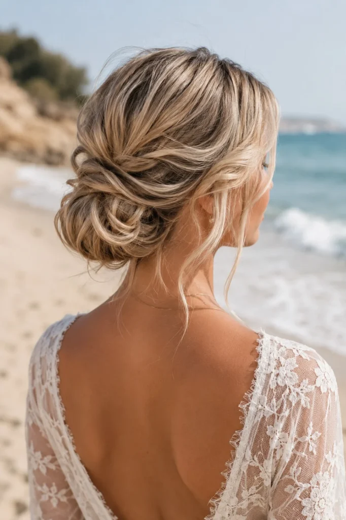soft bridal beach bun hairstyle for beach wedding