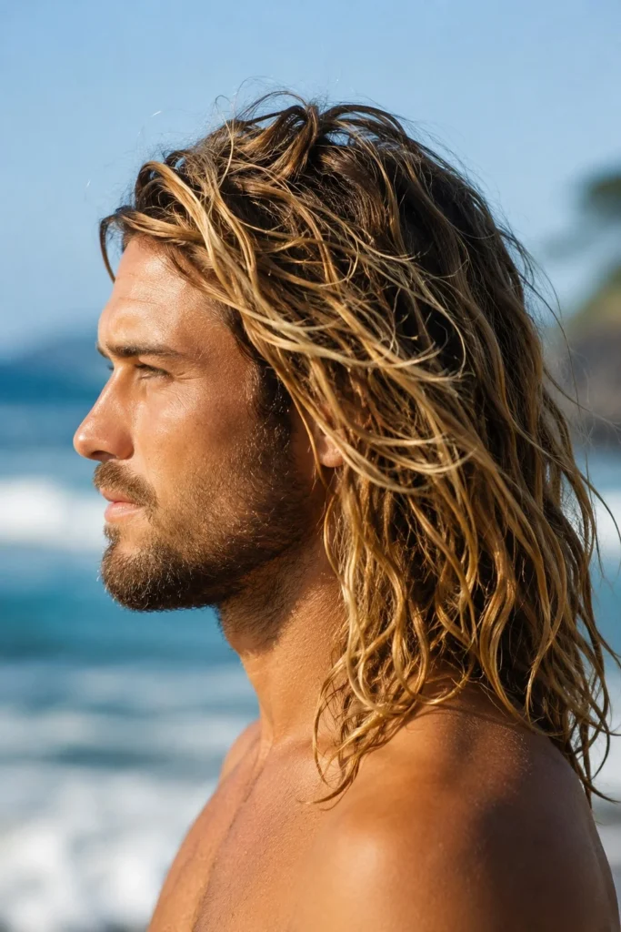 messy surfer beach hairstyle for guys with textured waves
