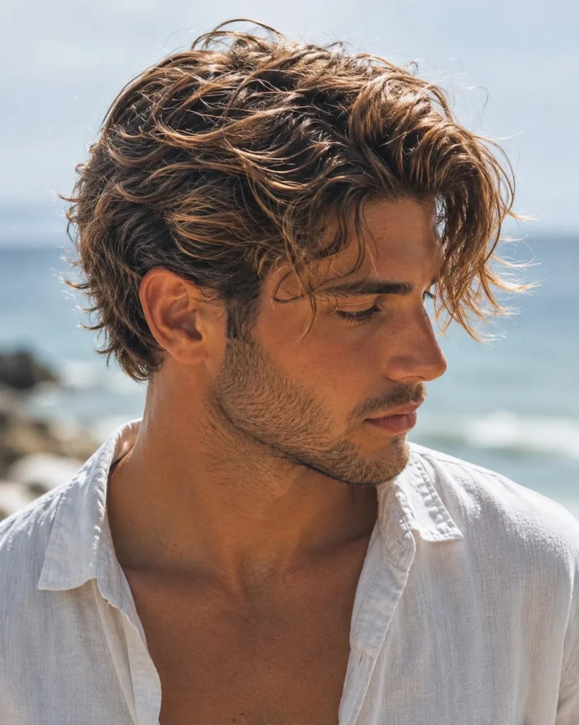 side swept beach waves hairstyle for guys stylish look