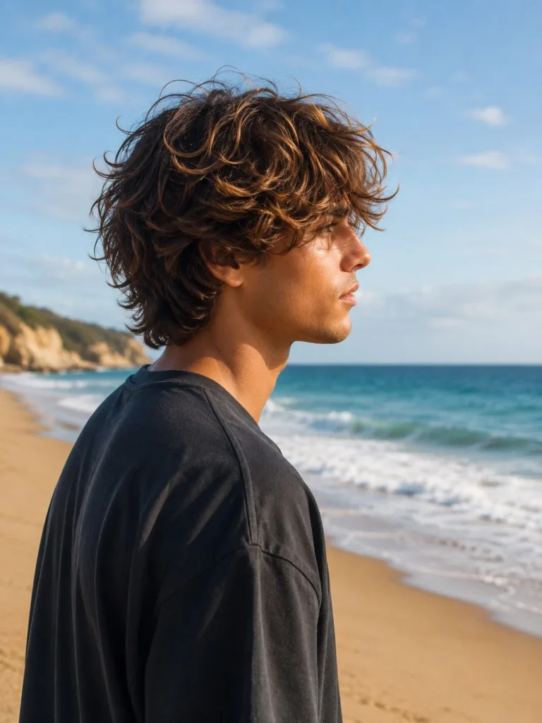 tousled medium length beach hairstyle for men
