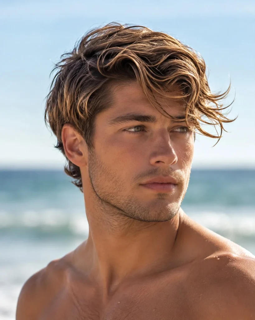 side swept beach waves hairstyle for men