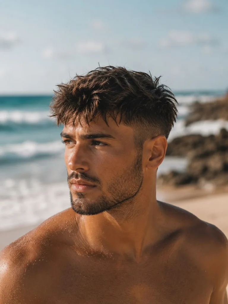 textured beach crop hairstyle for men short hair