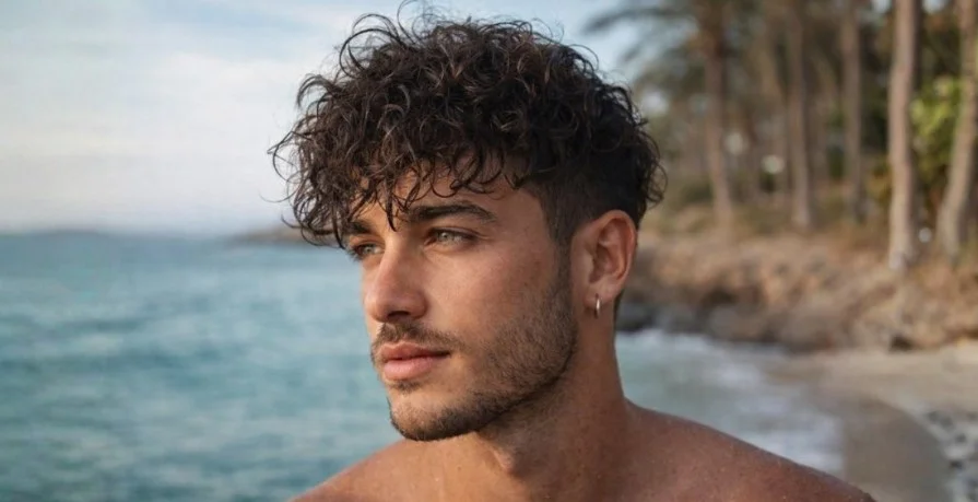 tousled curly beach hair hairstyle for men