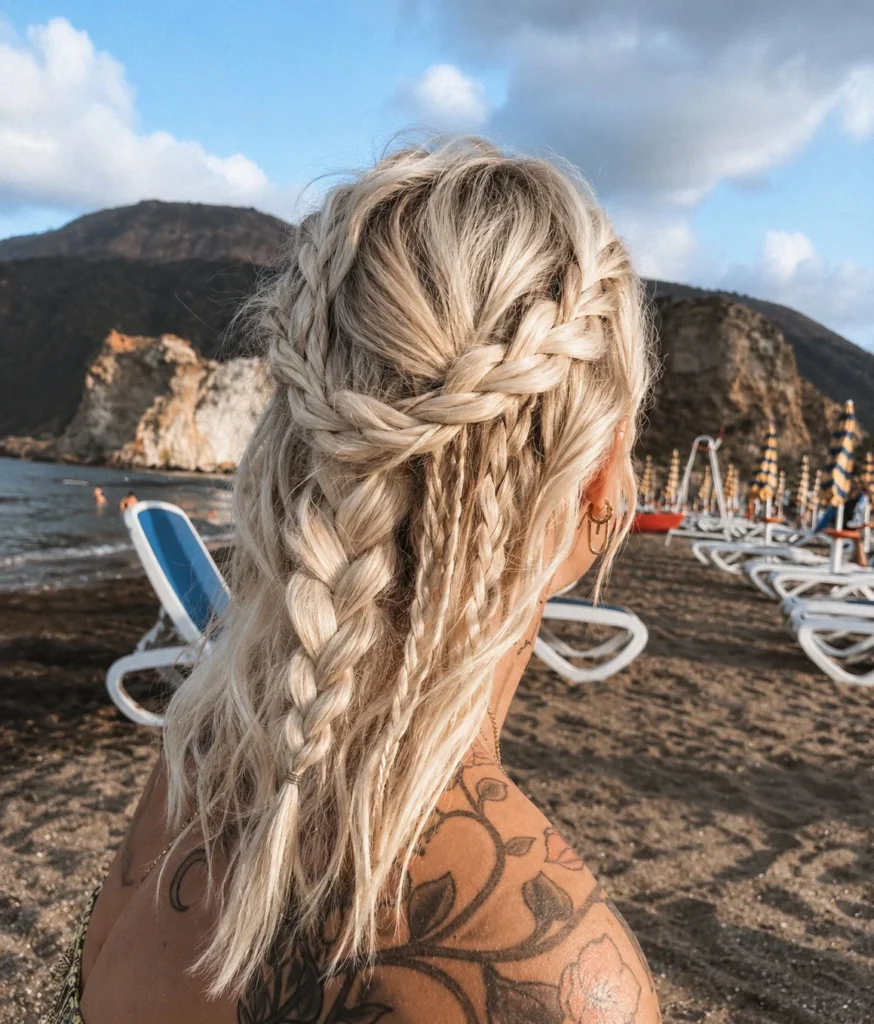 Loose boho beach braids hairstyle with relaxed texture and summer style