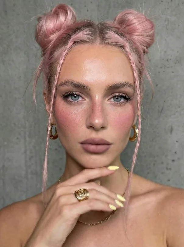 Beach party space buns hairstyle with playful summer vibes