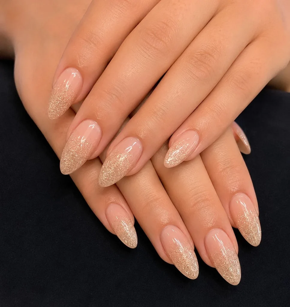 beige glitter fade almond nails minimal elegant look