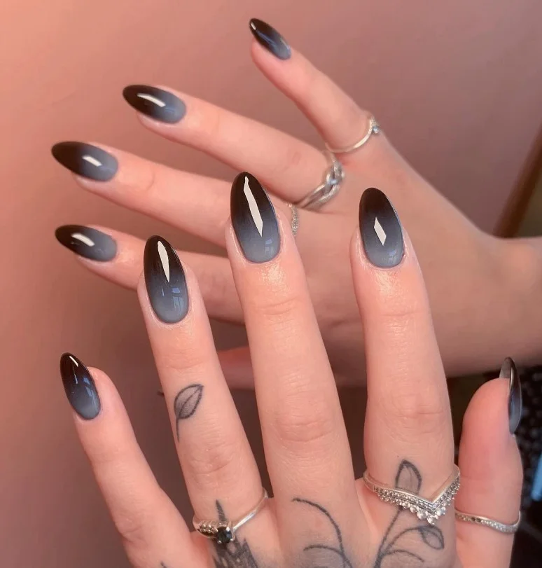 black and gray ombre almond nails modern dark look