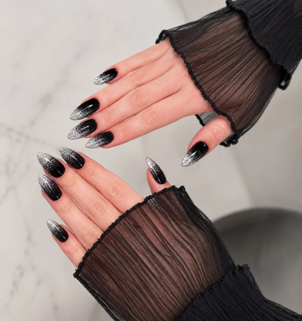 black and silver ombre almond nails glitter look