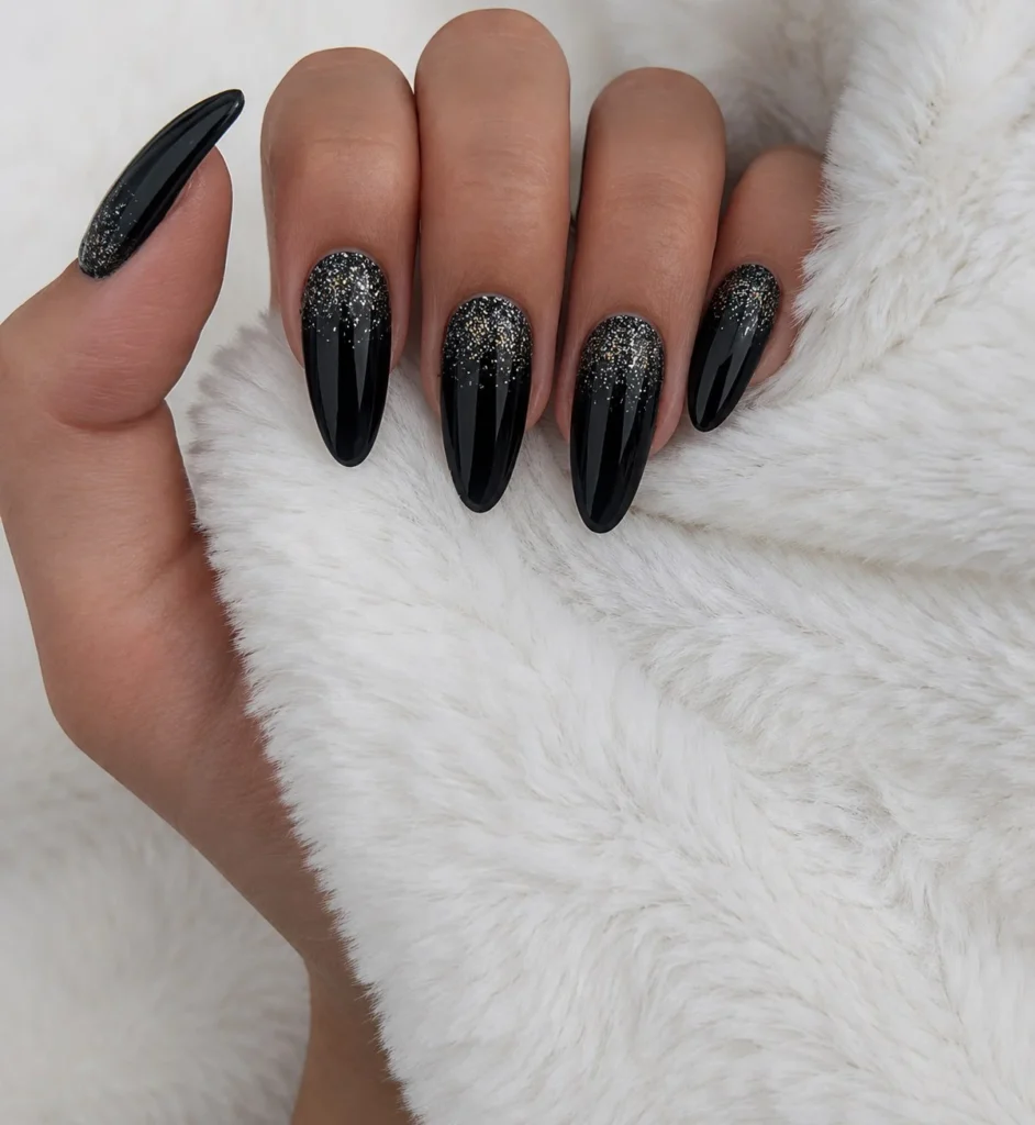 black glitter ombre almond nails bold nail design