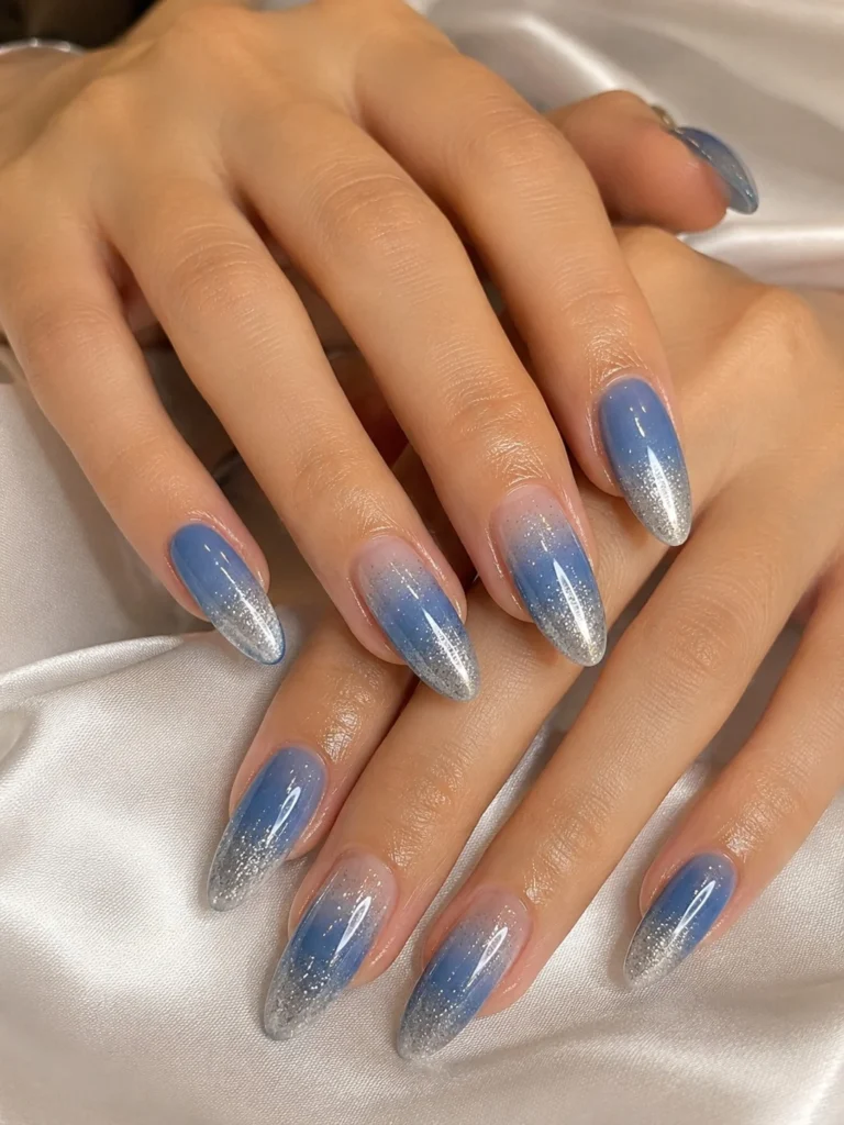blue and silver ombre almond nails glitter design