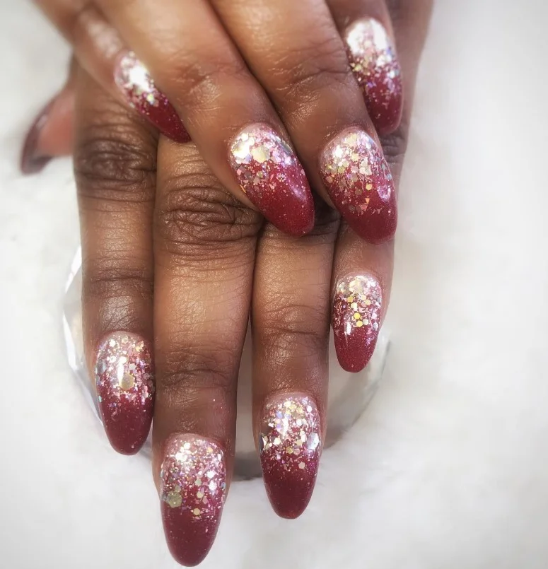 burgundy glitter almond nails classy dark nail design