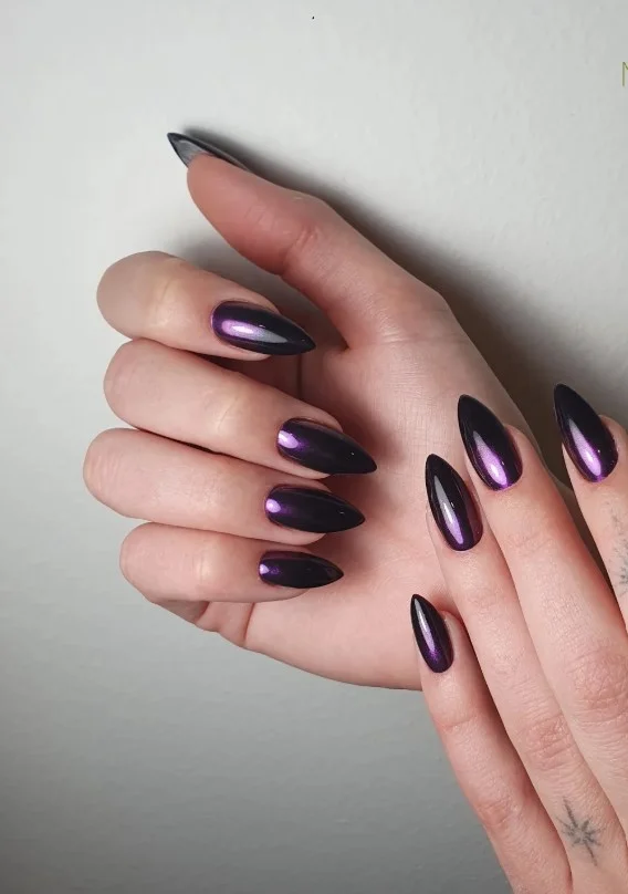 chrome black ombre almond nails metallic finish